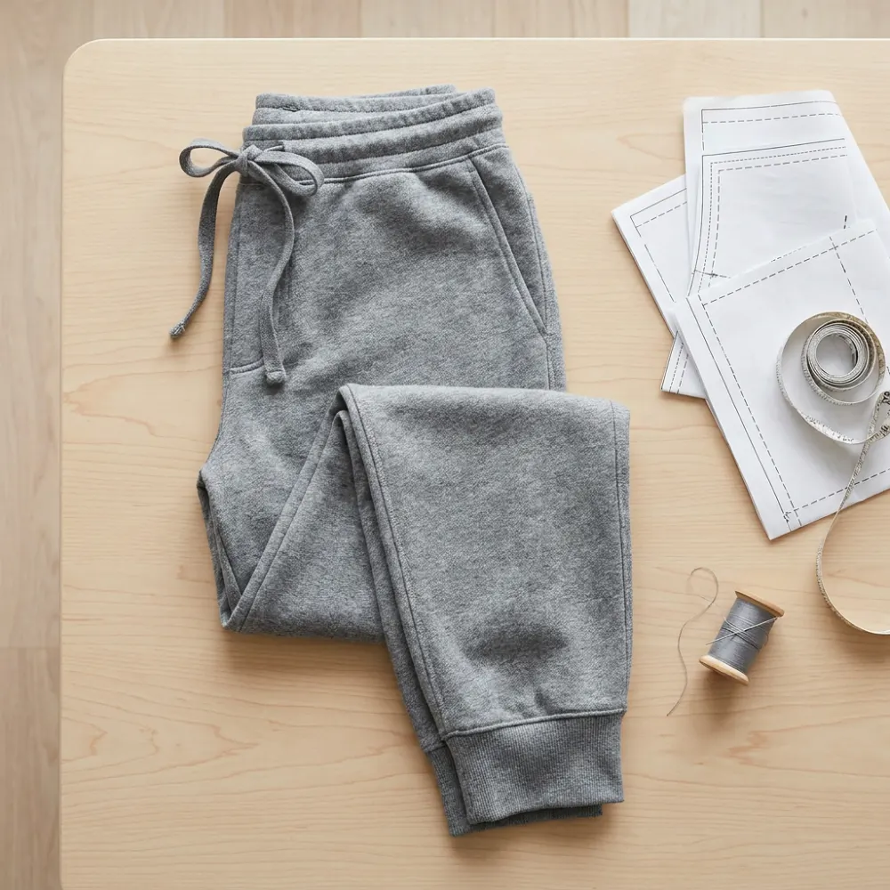 Pantalón sudadera gris terminado, junto al patrón impreso
